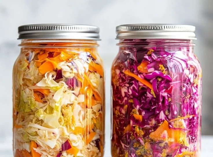 Homemade sauerkraut in a jar, showcasing vibrant cabbage and fermentation bubbles.