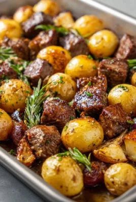 Delicious garlic butter steak bites with potatoes on a sheet pan