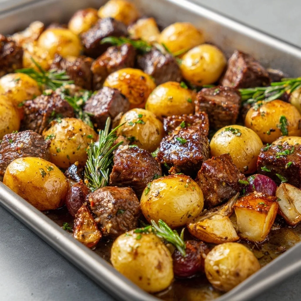 Delicious garlic butter steak bites with potatoes on a sheet pan