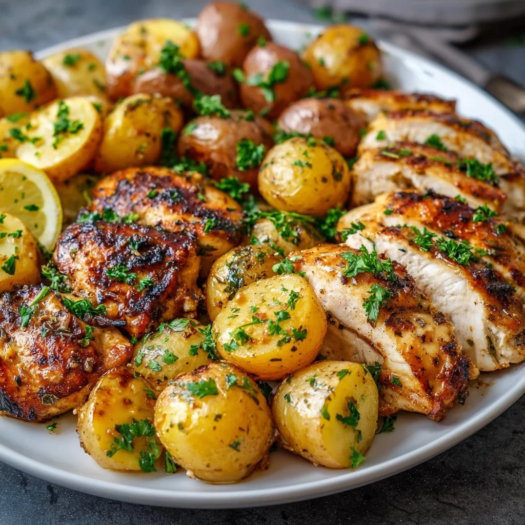 Sheet pan lemon balsamic chicken and potatoes ready to serve