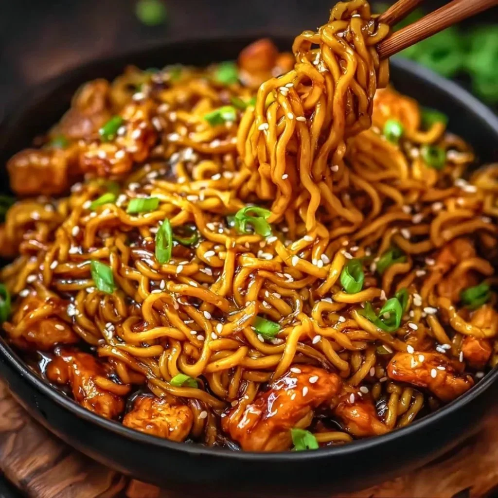 Plate of sticky garlic chicken noodles garnished with herbs and spices
