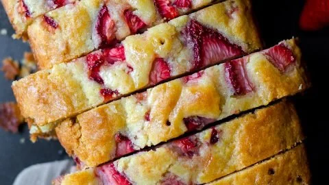 Delicious strawberry lemonade quick bread with vibrant colors and texture.