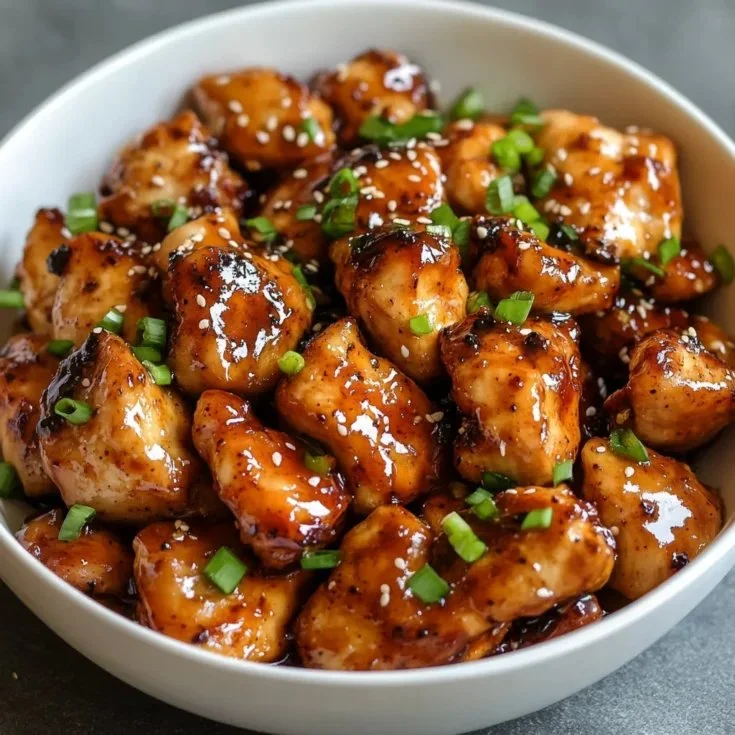 Delicious plate of sweet and spicy hot honey chicken garnished with herbs