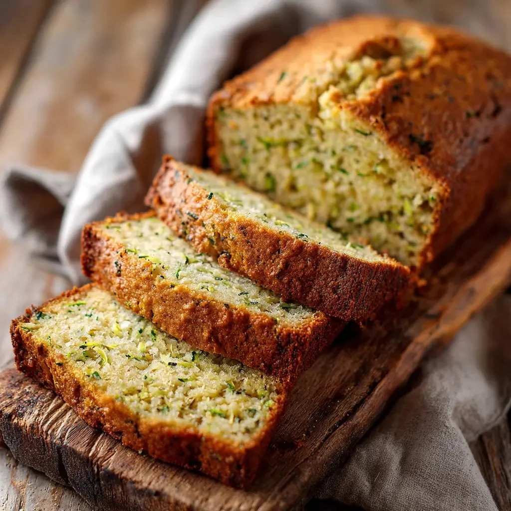 Freshly baked gluten free zucchini bread sliced on a wooden cutting board